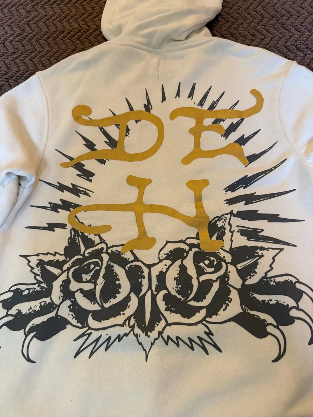 Ed Hardy White Hoodie with Black Panther and Orange Rose Graphic